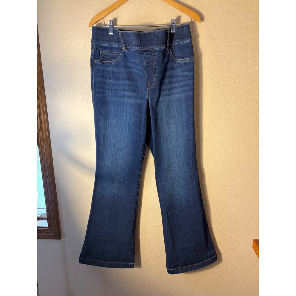 Spanx Flare Jeans Dark Wash Blue Pull On Denim Pants Plus Size 1X Petite 1XT